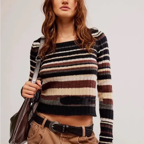 NWT Free people Striped Black and Brown Sweater - Picture 1 of 6